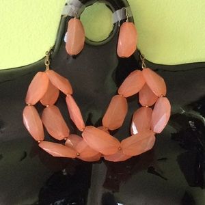 Peach 3 Rows Large Stone Costume Necklace & Earrings Set